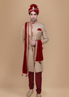 alt message - Manyavar Men Traditional Beige Sherwani Suit image number 1